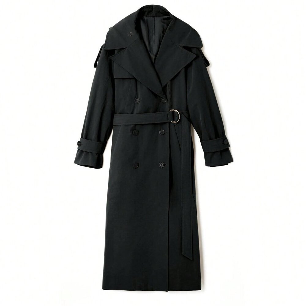 Black Elegant Women's Oversized Double Breasted Lapel Windproof Trench Coat - Picture 4 of 4